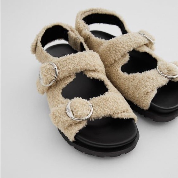 Zara Flat Faux Fur Buckle Sandals
